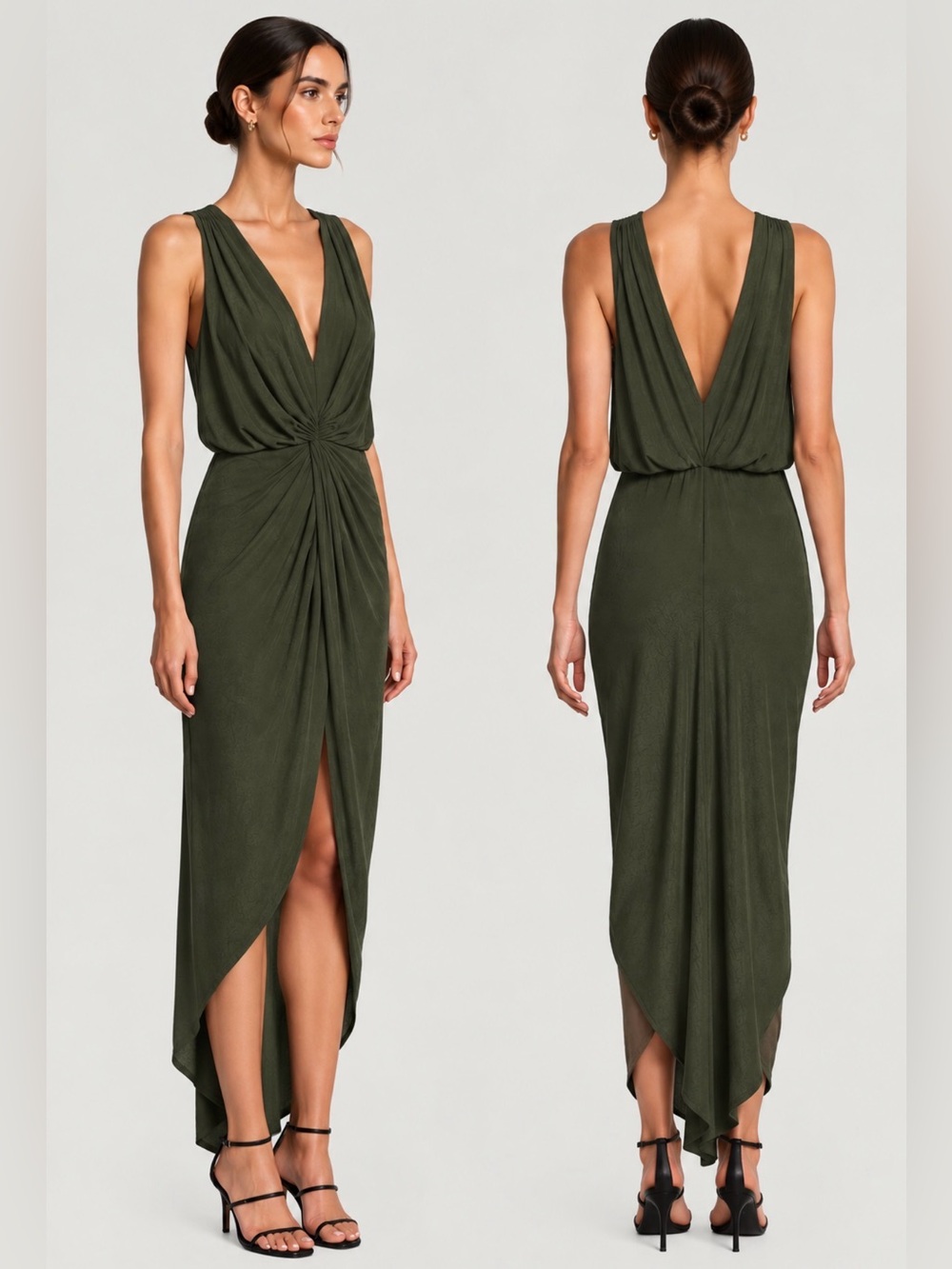 MISA Los Angeles Leza Gathered Crossover Sleeveless Tulip Maxi Dress in Green L